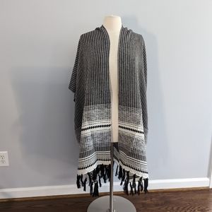 LOFT Black Cream Fringe Poncho Scarf One Size